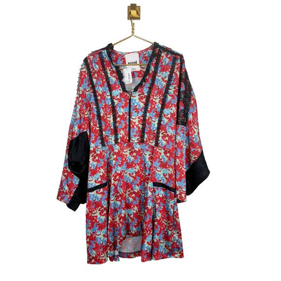 Koche Lace Trim Floral Dress Red Zip Crepe V-Neck Pockets 40 US 8 - Picture 6 of 14